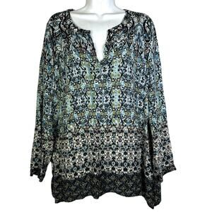 J Jill Blue Floral Tunic Blouse Women’s Size Large Rayon